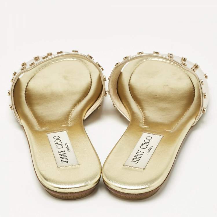 Pre Owned Jimmy Choo Gold Patent Leather Nanda Flat Slides Size 38.5