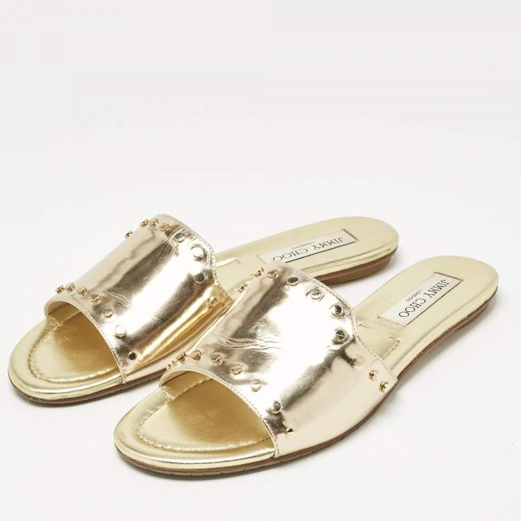 Pre Owned Jimmy Choo Gold Patent Leather Nanda Flat Slides Size 38.5