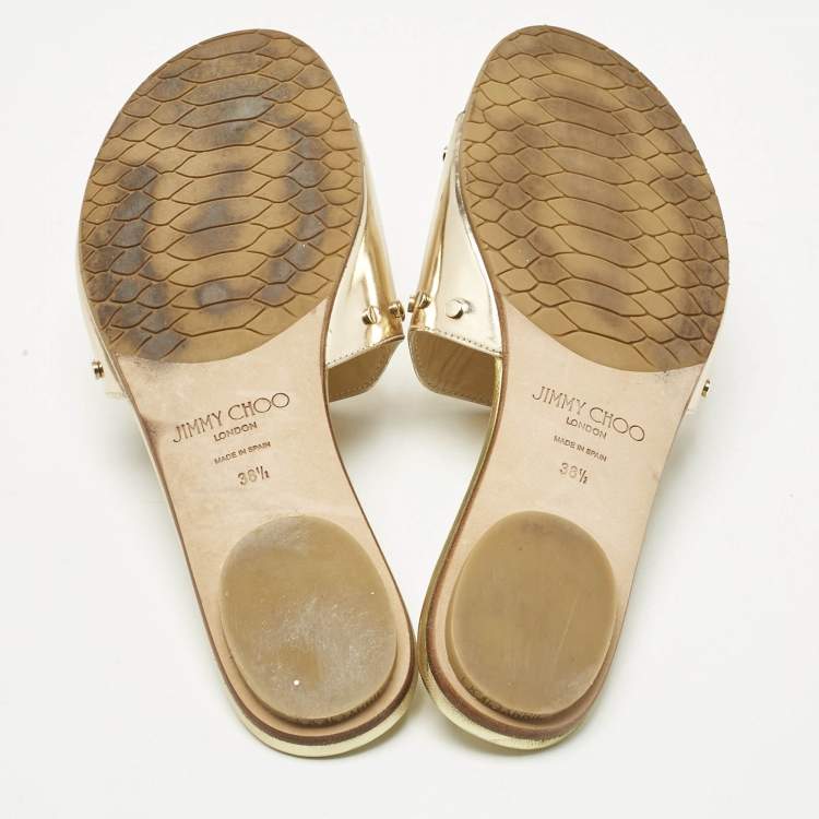 Pre Owned Jimmy Choo Gold Patent Leather Nanda Flat Slides Size 38.5