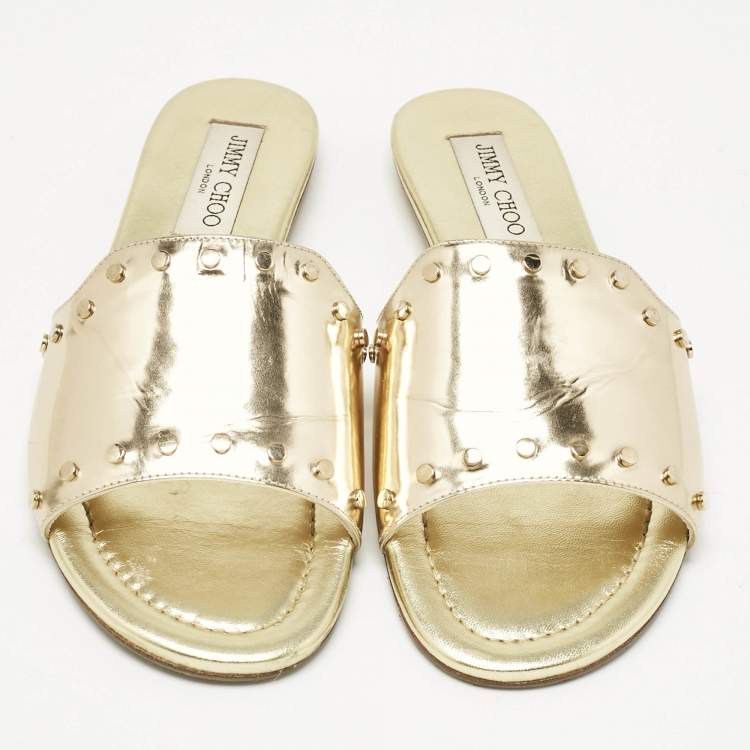 Pre Owned Jimmy Choo Gold Patent Leather Nanda Flat Slides Size 38.5