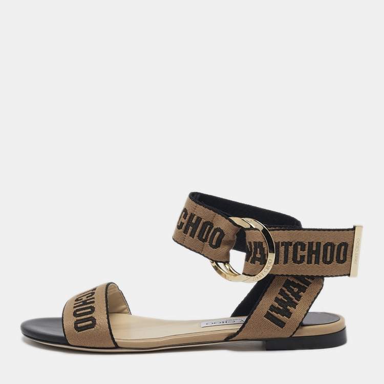 Pre Owned Jimmy Choo Brown/Black Canvas Breanne Flat Sandals Size 38.5
