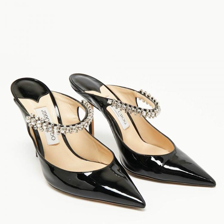 Pre Owned Jimmy Choo Black Patent Leather Bing 100 Crystal Embellished Pointed Toe Mules Size 41