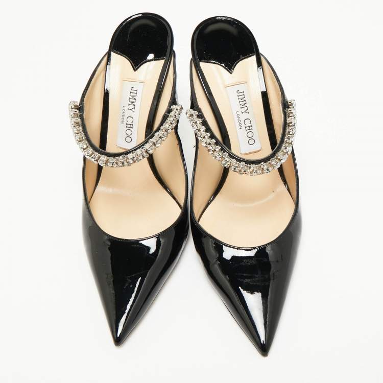 Pre Owned Jimmy Choo Black Patent Leather Bing 100 Crystal Embellished Pointed Toe Mules Size 41