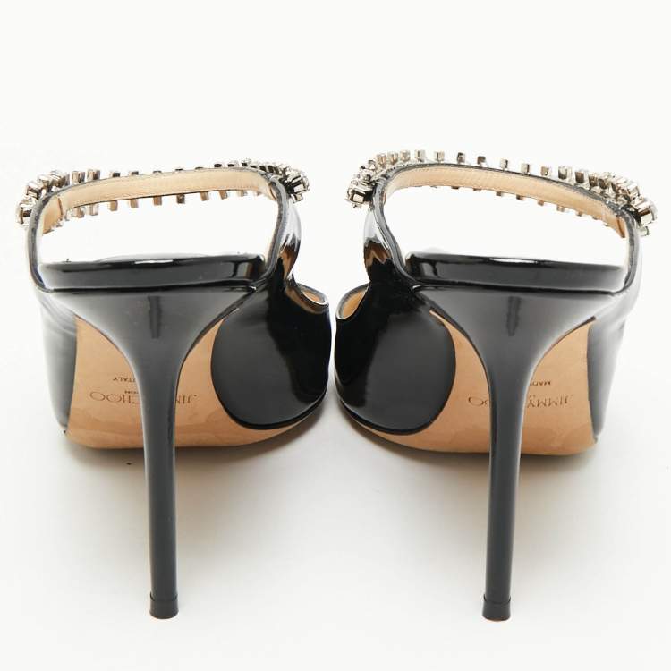 Pre Owned Jimmy Choo Black Patent Leather Bing 100 Crystal Embellished Pointed Toe Mules Size 41