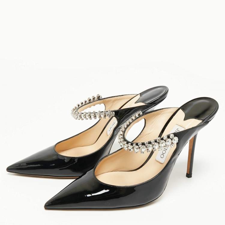 Pre Owned Jimmy Choo Black Patent Leather Bing 100 Crystal Embellished Pointed Toe Mules Size 41
