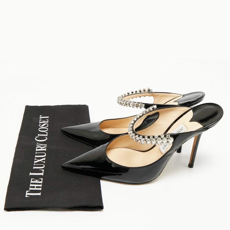 Pre Owned Jimmy Choo Black Patent Leather Bing 100 Crystal Embellished Pointed Toe Mules Size 41