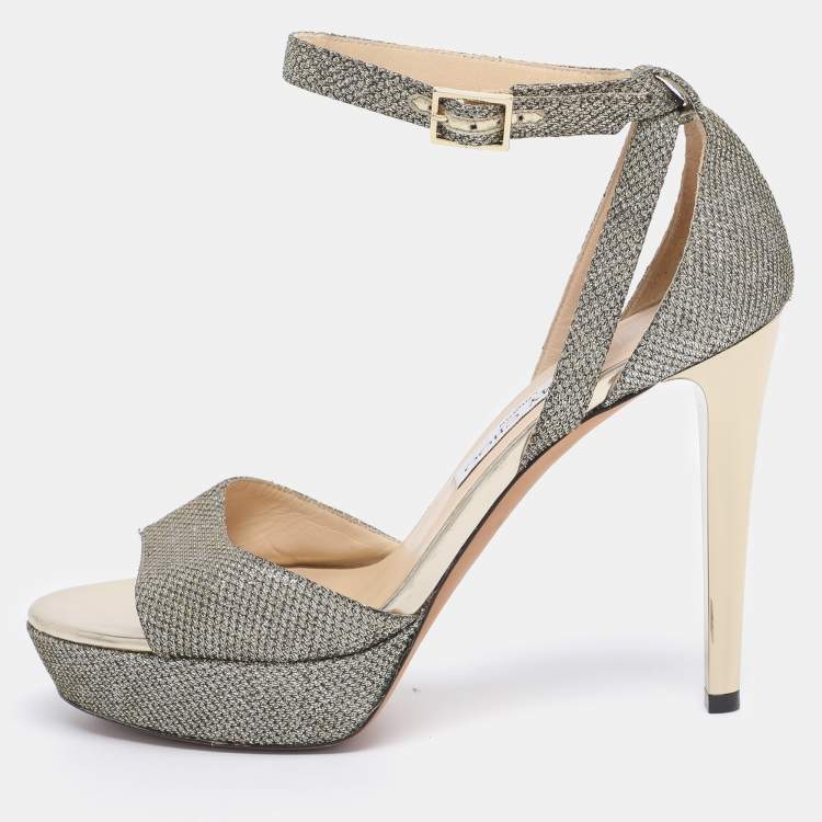 Pre Owned Jimmy Choo Gold Lurex Fabric And Glitter Kayden Platform Ankle Strap Sandals Size 38
