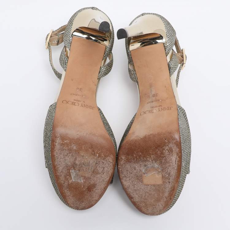Pre Owned Jimmy Choo Gold Lurex Fabric And Glitter Kayden Platform Ankle Strap Sandals Size 38