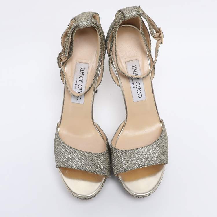 Pre Owned Jimmy Choo Gold Lurex Fabric And Glitter Kayden Platform Ankle Strap Sandals Size 38