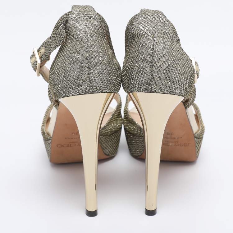 Pre Owned Jimmy Choo Gold Lurex Fabric And Glitter Kayden Platform Ankle Strap Sandals Size 38