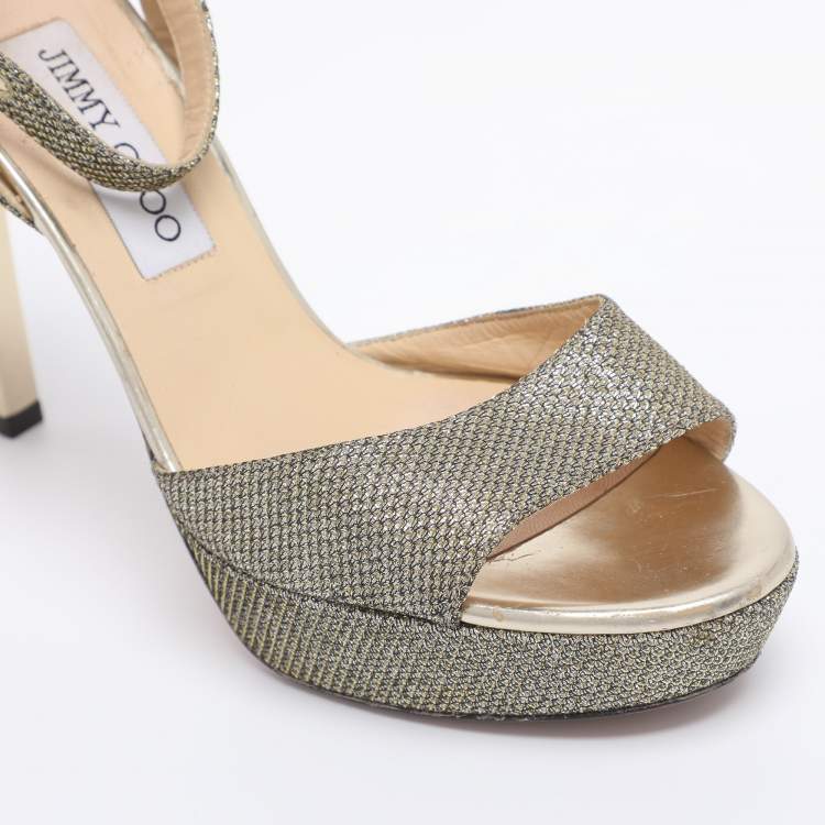 Pre Owned Jimmy Choo Gold Lurex Fabric And Glitter Kayden Platform Ankle Strap Sandals Size 38