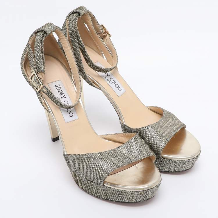 Pre Owned Jimmy Choo Gold Lurex Fabric And Glitter Kayden Platform Ankle Strap Sandals Size 38
