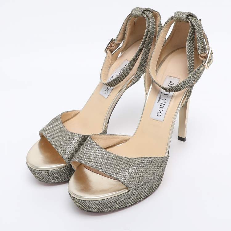 Pre Owned Jimmy Choo Gold Lurex Fabric And Glitter Kayden Platform Ankle Strap Sandals Size 38