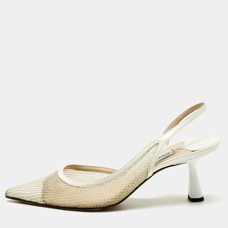 Pre Owned Jimmy Choo White Mesh and Patent Leather Fetto Slingback Pumps Size 41