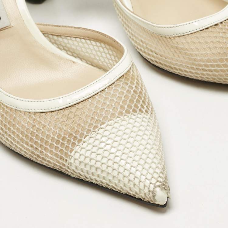 Pre Owned Jimmy Choo White Mesh and Patent Leather Fetto Slingback Pumps Size 41