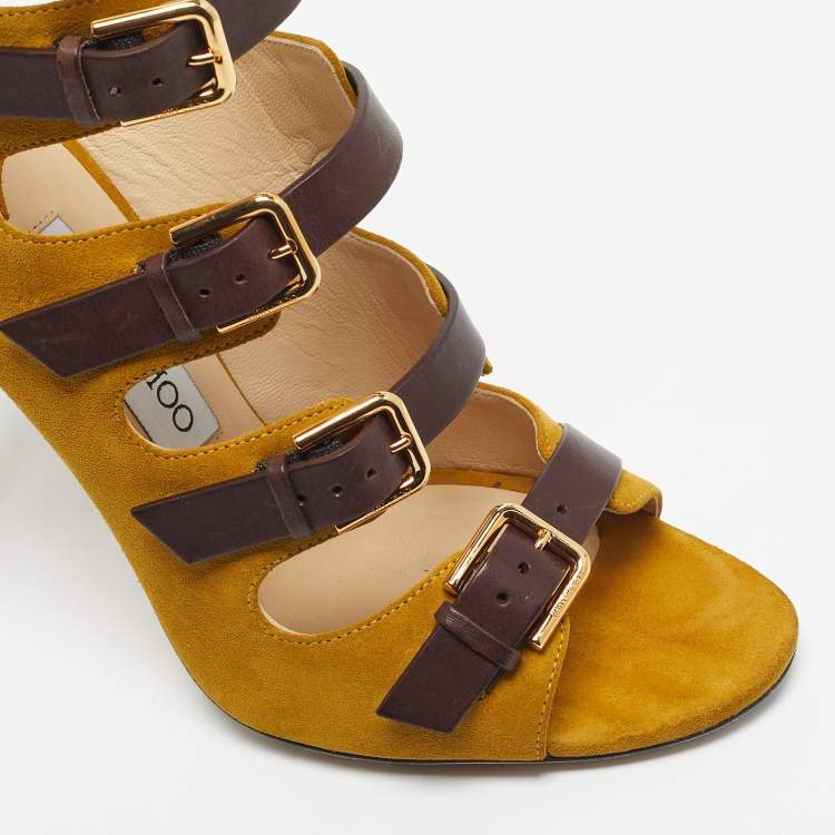 Pre Owned Jimmy Choo Yellow/Brown Suede and Leather Trick Caged Sandals Size 39