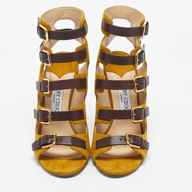 Pre Owned Jimmy Choo Yellow/Brown Suede and Leather Trick Caged Sandals Size 39