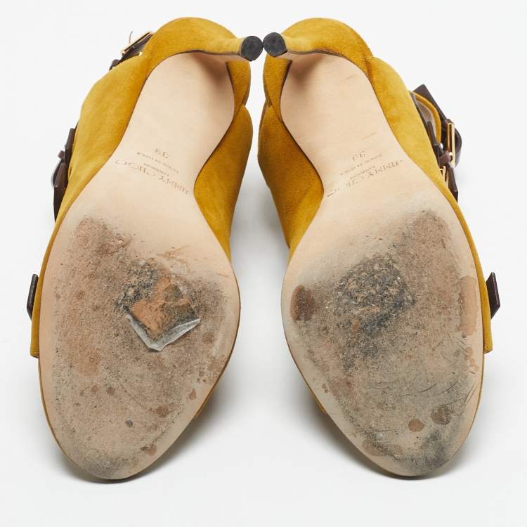 Pre Owned Jimmy Choo Yellow/Brown Suede and Leather Trick Caged Sandals Size 39