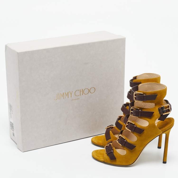 Pre Owned Jimmy Choo Yellow/Brown Suede and Leather Trick Caged Sandals Size 39