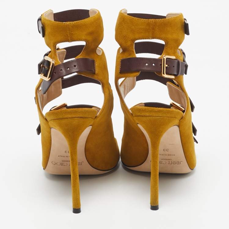 Pre Owned Jimmy Choo Yellow/Brown Suede and Leather Trick Caged Sandals Size 39