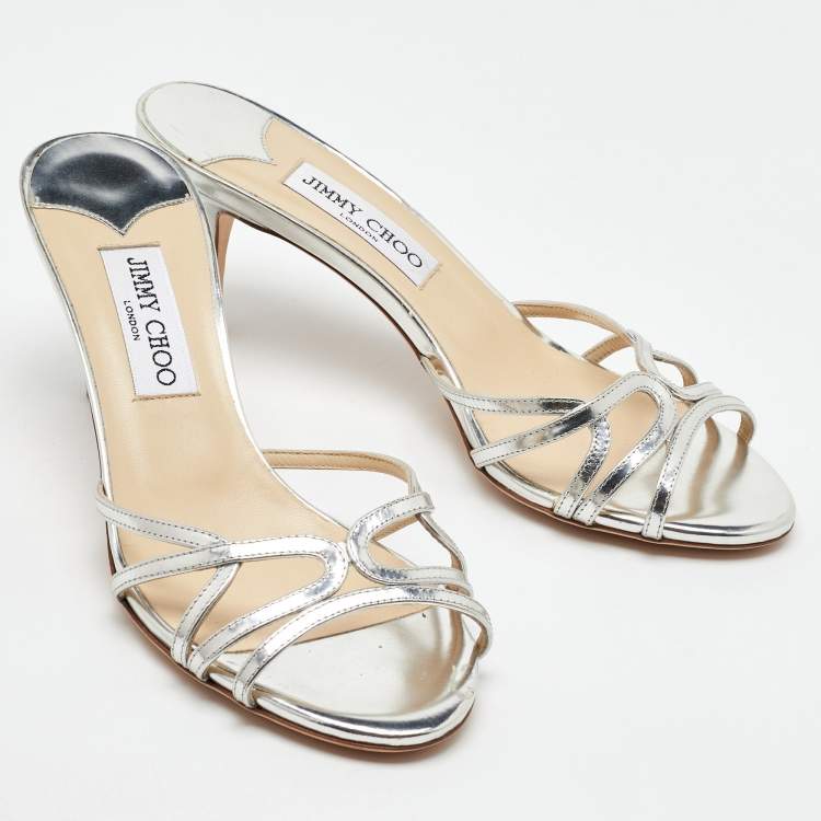Pre Owned Jimmy Choo Metallic Silver Leather Open Toe Slide Sandals Size 38