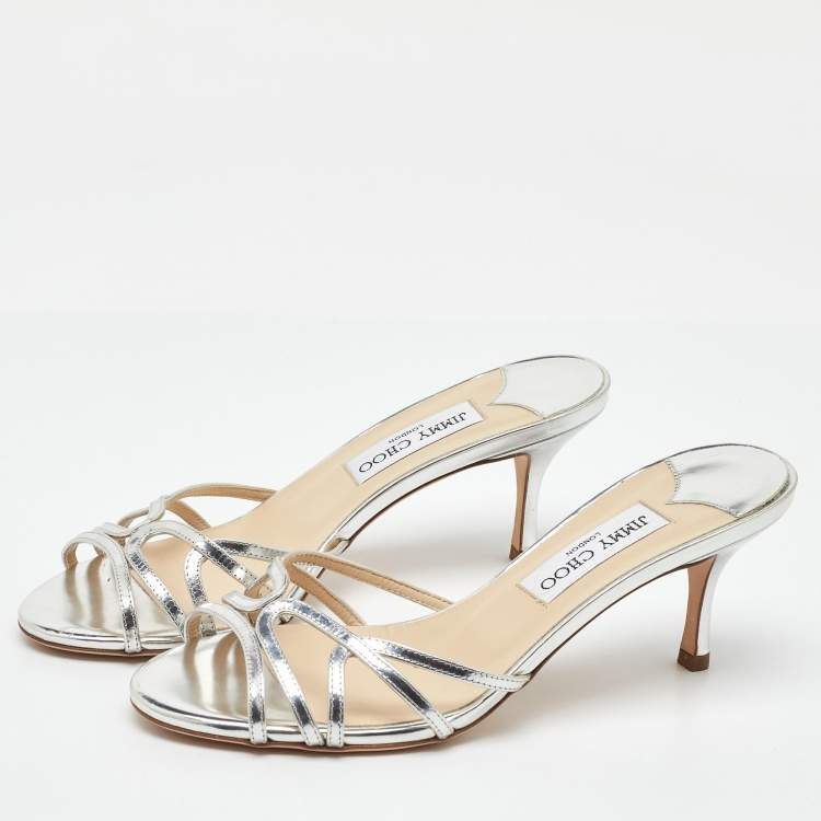 Pre Owned Jimmy Choo Metallic Silver Leather Open Toe Slide Sandals Size 38