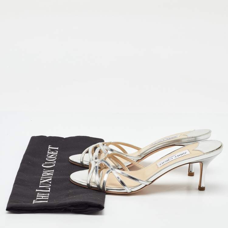 Pre Owned Jimmy Choo Metallic Silver Leather Open Toe Slide Sandals Size 38