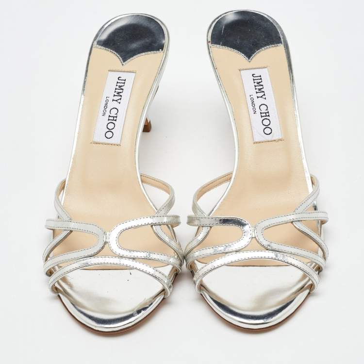 Pre Owned Jimmy Choo Metallic Silver Leather Open Toe Slide Sandals Size 38