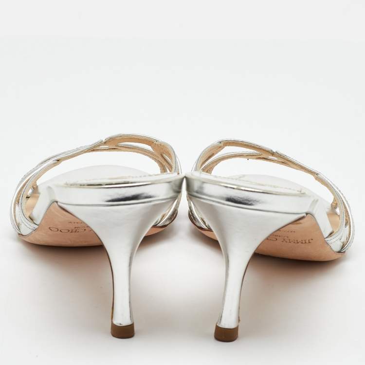 Pre Owned Jimmy Choo Metallic Silver Leather Open Toe Slide Sandals Size 38