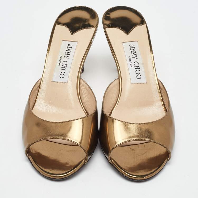 Pre Owned Jimmy Choo Metallic Gold Leather Open Toe Slide Sandals Size 38