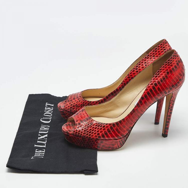 Pre Owned Jimmy Choo Red/Black Python Dahlia Peep Toe Pumps Size 41