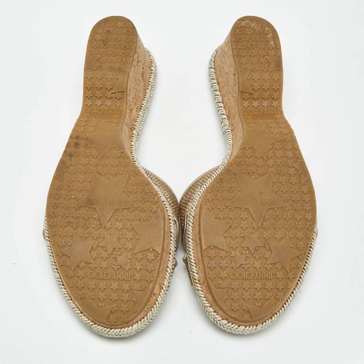 Pre Owned Jimmy Choo Gold Woven Leather Prima Cork Wedge Sandals Size 40