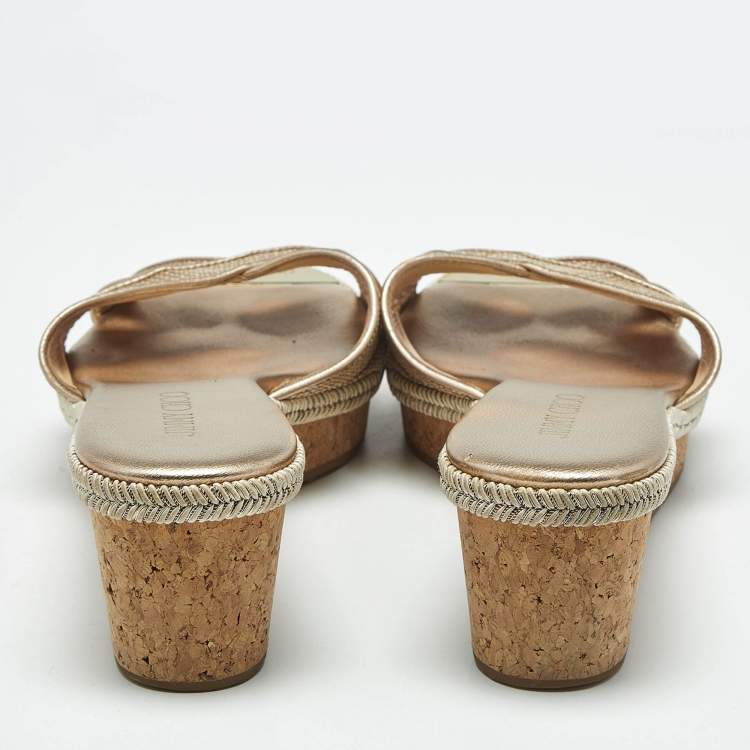 Pre Owned Jimmy Choo Gold Woven Leather Prima Cork Wedge Sandals Size 40