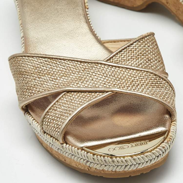 Pre Owned Jimmy Choo Gold Woven Leather Prima Cork Wedge Sandals Size 40