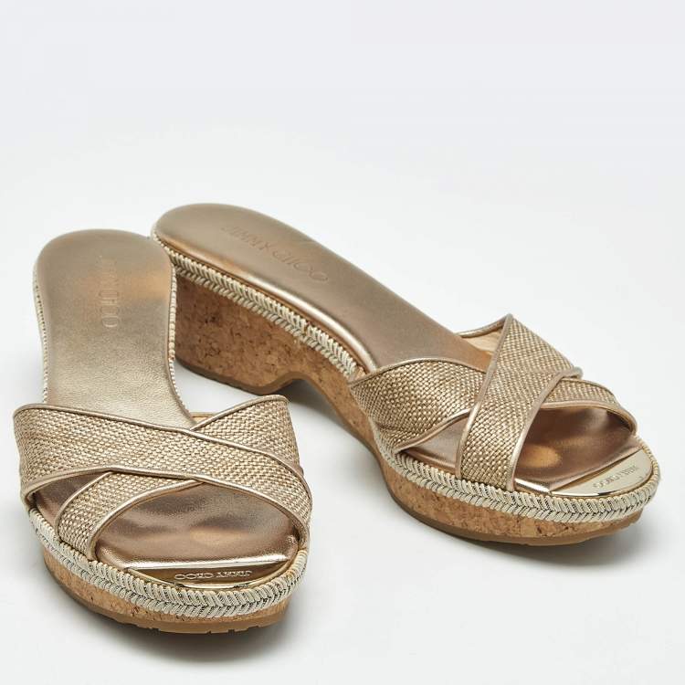 Pre Owned Jimmy Choo Gold Woven Leather Prima Cork Wedge Sandals Size 40