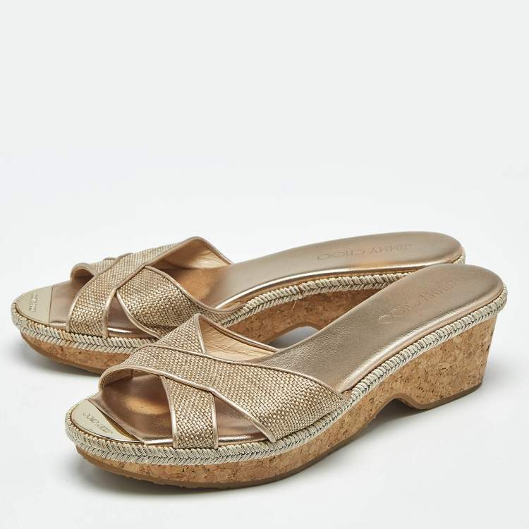 Pre Owned Jimmy Choo Gold Woven Leather Prima Cork Wedge Sandals Size 40