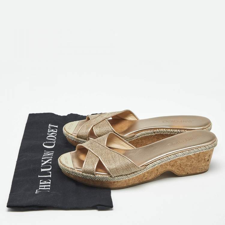 Pre Owned Jimmy Choo Gold Woven Leather Prima Cork Wedge Sandals Size 40