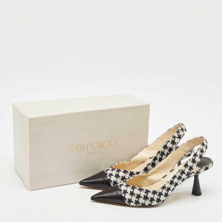 Pre Owned Jimmy Choo Black/White Houndstooth Fabric and Leather Liya Slingback Pumps Size 40