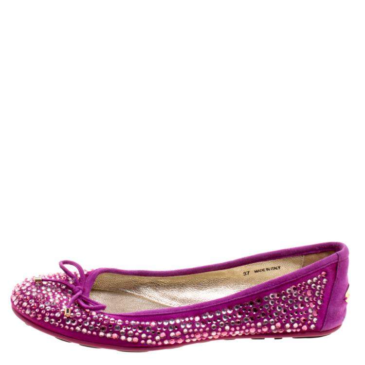 Pre Owned Jimmy Choo Purple Crystal Embellished Satin Weber Ballet Flats Size 37