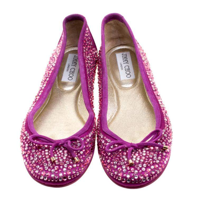 Pre Owned Jimmy Choo Purple Crystal Embellished Satin Weber Ballet Flats Size 37