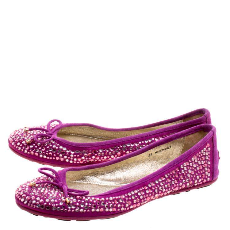 Pre Owned Jimmy Choo Purple Crystal Embellished Satin Weber Ballet Flats Size 37