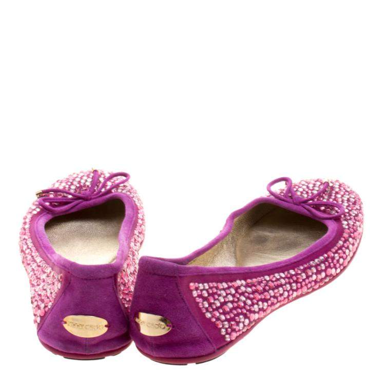 Pre Owned Jimmy Choo Purple Crystal Embellished Satin Weber Ballet Flats Size 37