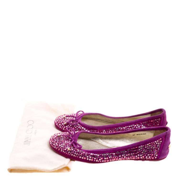 Pre Owned Jimmy Choo Purple Crystal Embellished Satin Weber Ballet Flats Size 37