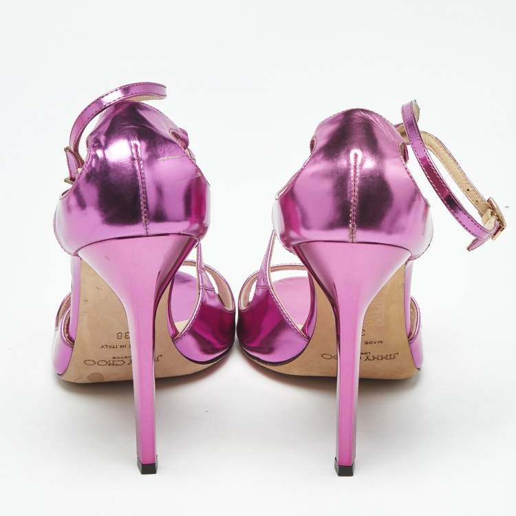Pre Owned Jimmy Choo Metallic Pink Patent Leather Azia Ankle Strap Sandals Size 38