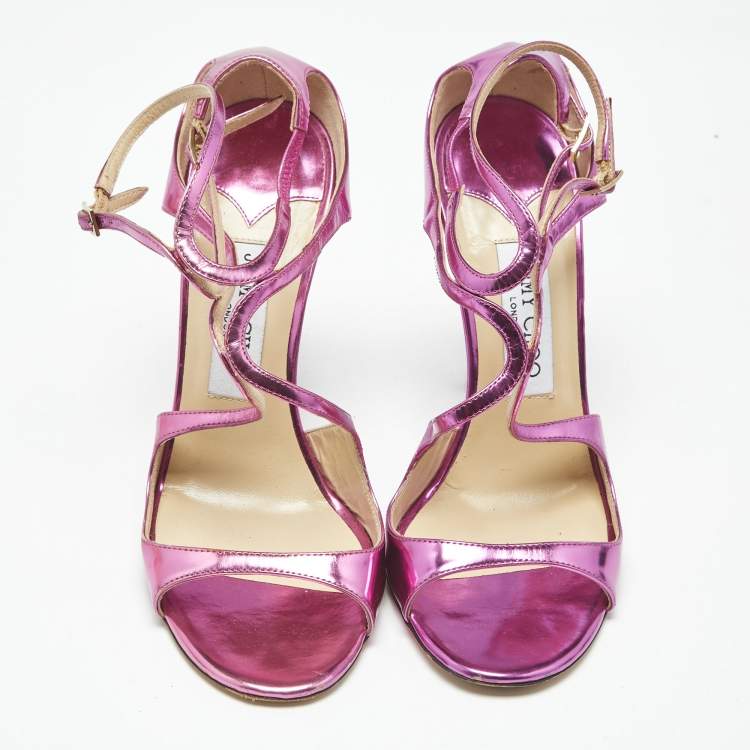 Pre Owned Jimmy Choo Metallic Pink Patent Leather Azia Ankle Strap Sandals Size 38