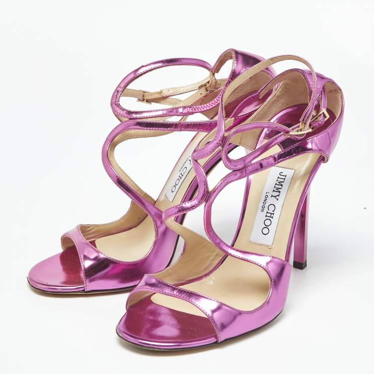 Pre Owned Jimmy Choo Metallic Pink Patent Leather Azia Ankle Strap Sandals Size 38