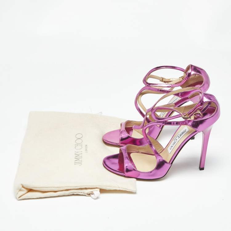 Pre Owned Jimmy Choo Metallic Pink Patent Leather Azia Ankle Strap Sandals Size 38