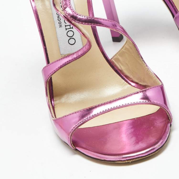 Pre Owned Jimmy Choo Metallic Pink Patent Leather Azia Ankle Strap Sandals Size 38