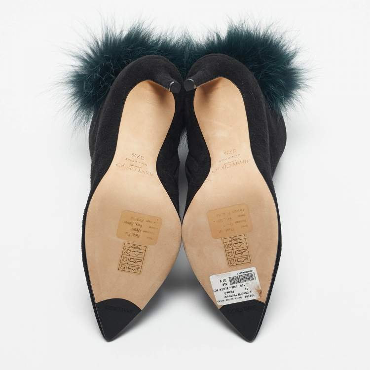 Pre Owned Jimmy Choo Black/Green Fox Fur and Suede Tesler Ankle Length Boots Size 37.5