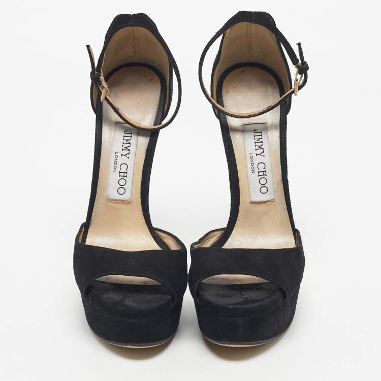Pre Owned Jimmy Choo Black Suede Platform Ankle Strap Sandals Size 35
